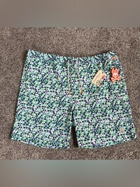 Psycho Bunny Green, Blue & White Triangle Print Swim Shorts Size 3XL, (A-3)